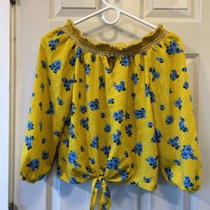 No boundaries yellow blue off shoulder long sleeve blouse.